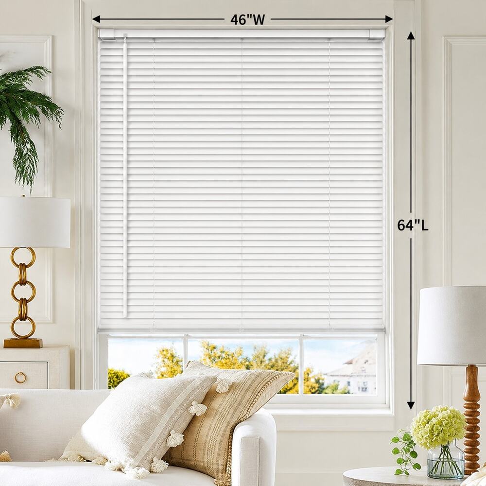 No Drill Cordless Mini Blinds 46" W X 64" H White Vinyl Blinds Horizontal Light